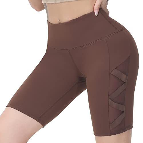 romansong Damen-Leggings aus Netzstoff, Yogahose mit Tasche, nicht durchsichtig, Caprihose, hohe Taille, Bauchkontrolle, 4-Wege-Stretch, Braun, 22,9 cm Shorts, X-Groß von romansong