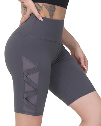 romansong Damen-Leggings aus Netzstoff, Yogahose mit Tasche, nicht durchsichtig, Caprihose, hohe Taille, Bauchkontrolle, 4-Wege-Stretch, Graue Shorts 22,9 cm, X-Groß von romansong