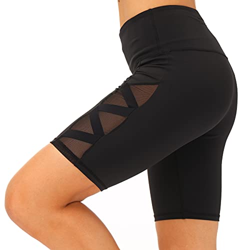 romansong Damen Mesh Kurze Leggings Yoga Hose mit Tasche Nicht Durchsichtig Hohe Taille Bauch Kontrolle Gym Shorts - Schwarz - Mittel von romansong