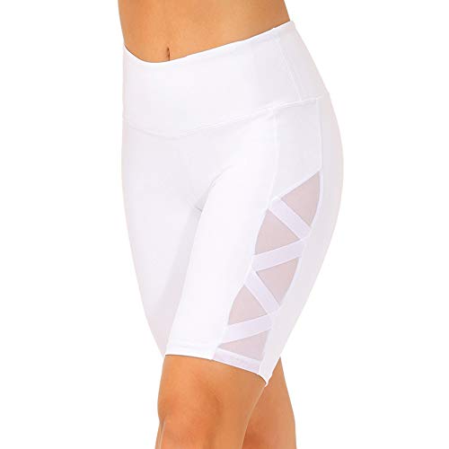 romansong Damen Mesh Kurze Leggings Yoga Hose mit Tasche Nicht Durchsichtig Hohe Taille Bauch Kontrolle Gym Shorts - Weiß - Mittel von romansong