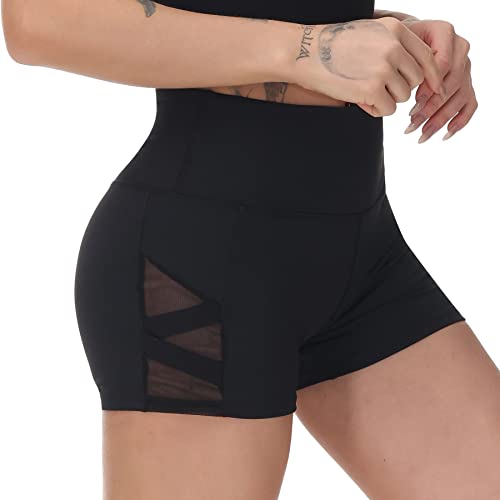 romansong Damen Mesh Kurze Leggings Yoga Hose mit Tasche Nicht Durchsichtig Hohe Taille Bauchkontrolle Hotpants - Schwarz - Groß von romansong