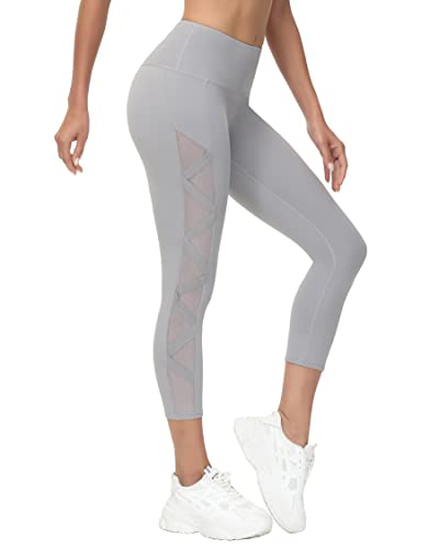 romansong Damen Mesh Leggings Yoga Hose mit Tasche, Nicht durchsichtig, Capri hohe Taille, Bauchkontrolle, 4-Wege-Stretch, Hellgraue Capri, Mittel von romansong