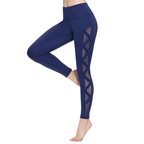 romansong Damen Mesh Leggings Yoga Hose mit Tasche Nicht Durchsichtig Capri Hohe Taille Bauch Kontrolle 4-Wege-Stretch - Marineblau - Groß von romansong