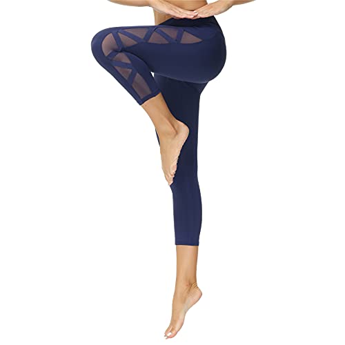 romansong Damen Mesh Leggings Yoga Hose mit Tasche Nicht Durchsichtig Capri Hohe Taille Bauch Kontrolle 4-Wege-Stretch - Marineblau - Mittel von romansong