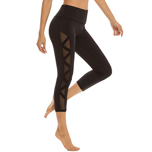 romansong Damen Mesh Leggings Yoga Hose mit Tasche Nicht Durchsichtig Capri Hohe Taille Bauch Kontrolle 4-Wege-Stretch - Schwarz - Mittel von romansong