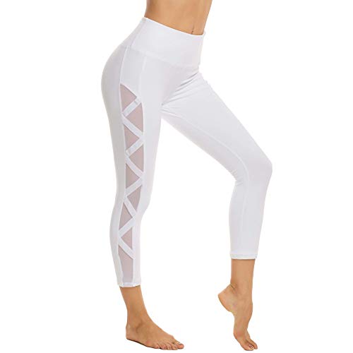 romansong Damen Mesh Leggings Yoga Hose mit Tasche Nicht Durchsichtig Capri Hohe Taille Bauch Kontrolle 4-Wege-Stretch - Weiß - Mittel von romansong