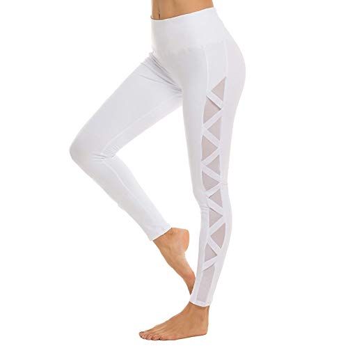 romansong Damen Mesh Leggings Yoga Hose mit Tasche Nicht Durchsichtig Capri Hohe Taille Bauch Kontrolle 4-Wege-Stretch - Weiß - X-Klein von romansong