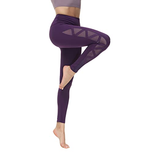 romansong Damen-Netz-Leggings, Yogahose mit Tasche, Nicht durchsichtig, Caprihose, hohe Taille, Bauchkontrolle, 4-Wege-Stretch, violett, Klein von romansong