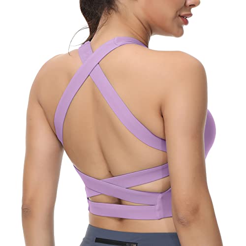 romansong Träger-Yoga-Sport-BHS für Damen, gepolstert, überkreuztes Rücken, Tank-Tops, Pastellflieder, Groß von romansong