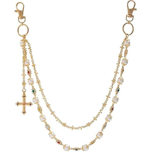 rongweiwang Modische mehrlagige Geldbörse, Strass Tasche, Hip Hop Hosenkette, Taillenkette, Legierungsmaterial, verblasst nicht leicht, Kleidung, Golden mit Kreuz von rongweiwang