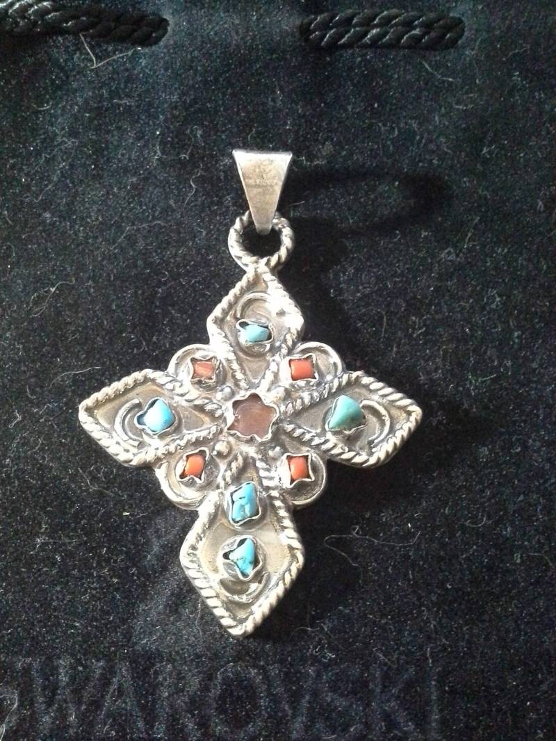 Taxco-Tp-102 Mexiko Silber Kreuz Anhänger B Türkis, Koralle & Amethyst von ronsswantiques