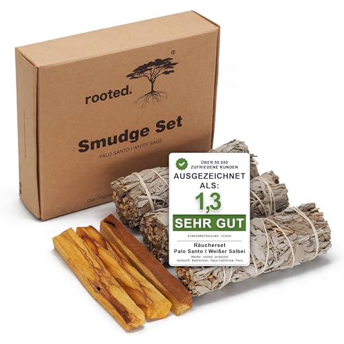 rooted.® Premium Räucher-Set [Bio-QUALITÄT] | 3 Bündel kalifornischer Salbei + 3 Palo Santo Räucherholz [100% NATURREIN] | Traditionelles Räucherwerk | 100% kontrollierte und nachhaltige Ernte von rooted.