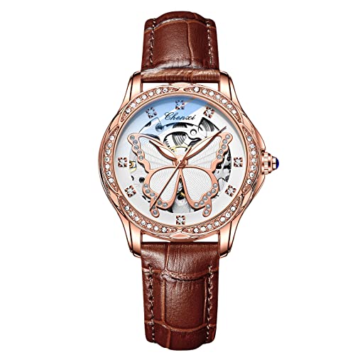 rorios Damen Uhren Leuchtend Skelett Armbanduhren Automatische Mechanische Uhren Lederband von rorios