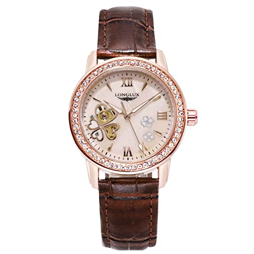 rorios Damen Uhren Wasserdicht Automatikuhr Mechanische Uhr mit Leder Armband Leuchtend Mode Diamant Armbanduhr für Frauen Kaffee von rorios