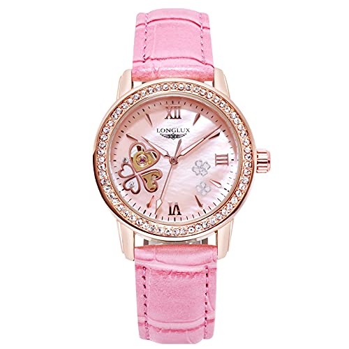 rorios Damen Uhren Wasserdicht Automatikuhr Mechanische Uhr mit Leder Armband Leuchtend Mode Diamant Armbanduhr für Frauen Rosa von rorios