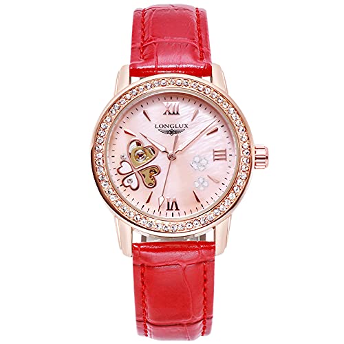 rorios Damen Uhren Wasserdicht Automatikuhr Mechanische Uhr mit Leder Armband Leuchtend Mode Diamant Armbanduhr für Frauen rot von rorios