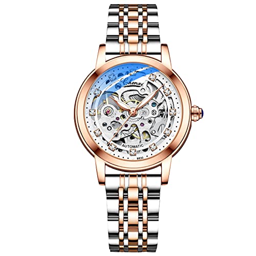 rorios Damen Uhren Wasserdicht Mechanische Automatikuhr mit Lederarmband Skeleton Tourbillon Uhren Mode Leuchtendes Uhren für Mädchen Frauen(Silber) von rorios