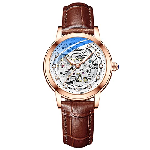 rorios Damen Uhren Wasserdicht Mechanische Automatikuhr mit Lederarmband Skeleton Tourbillon Uhren Mode Leuchtendes Uhren für Mädchen Frauen von rorios