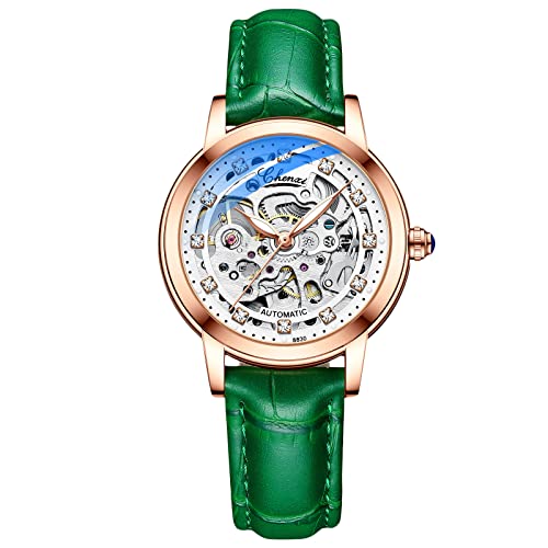 rorios Damen Uhren Wasserdicht Mechanische Automatikuhr mit Lederarmband Skeleton Tourbillon Uhren Mode Leuchtendes Uhren für Mädchen Frauen von rorios