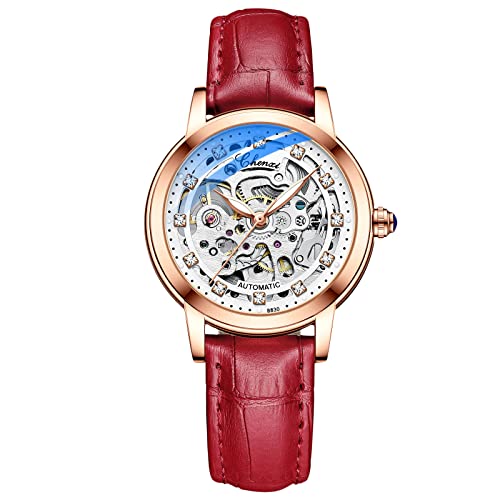 rorios Damen Uhren Wasserdicht Mechanische Automatikuhr mit Lederarmband Skeleton Tourbillon Uhren Mode Leuchtendes Uhren für Mädchen Frauen von rorios