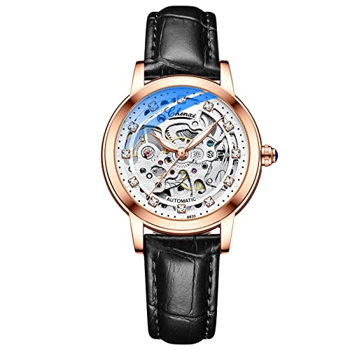 rorios Damen Uhren Wasserdicht Mechanische Automatikuhr mit Lederarmband Skeleton Tourbillon Uhren Mode Leuchtendes Uhren für Mädchen Frauen von rorios