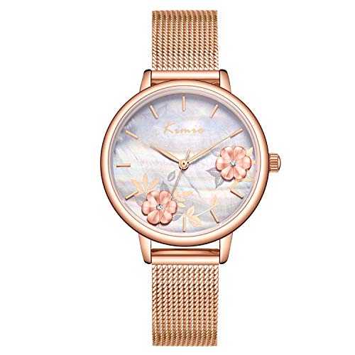 rorios Elegant Damen Uhr Analog Quarz Armbanduhr Blumenmuster Zifferblatt mit Edelstahlarmband Mode Uhr für Mädchen Frauen von rorios