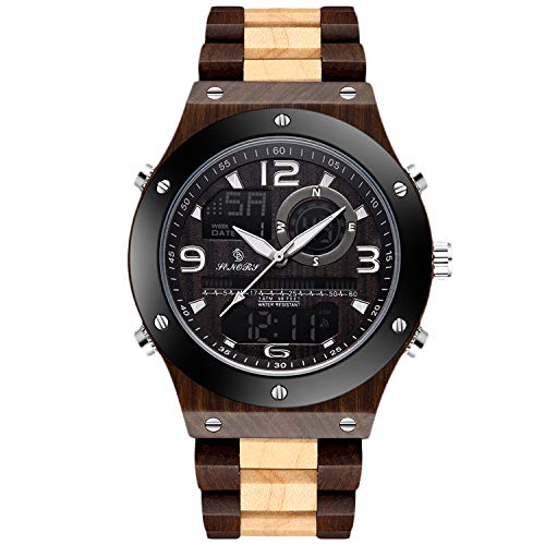 rorios Herren Holz Uhren Multifunktions Quarzuhr mit Stoppuhr Alarm Digitale Handgefertigte Holzuhren Leuchtuhr für Männer Chronograph Armbanduhr von rorios