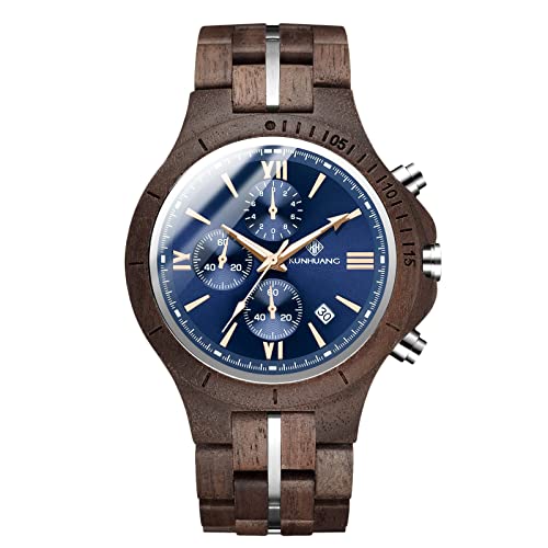 rorios Herren Holzuhr Analog Quarzuhr mit Holzarmband Natürliche Handgefertigt Holz-Armbanduhr Multi-Funktionen Chronograph Herren Uhr von rorios