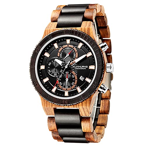 rorios Herren Holzuhr Wasserdicht Analog Quarzuhr mit Holzarmband Klassik Leichte Holz-Armbanduhr Chronograph Herren Uhr von rorios