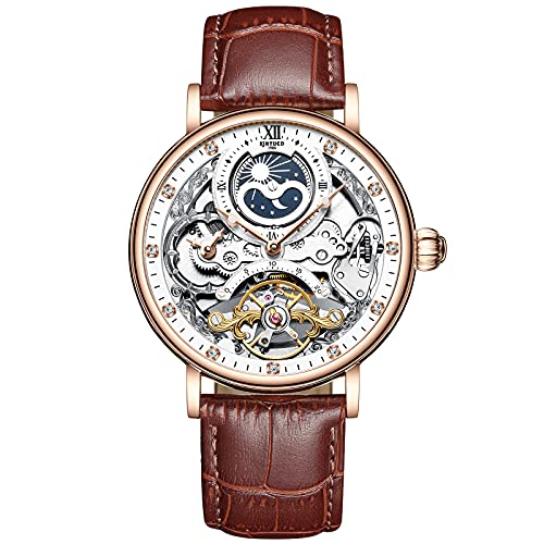 rorios Herren Uhren Mondphase Automatikuhr Mechanische mit Lederarmband Wasserdicht Skeleton Tourbillon Uhren Mode Diamant Uhren für Männer von rorios