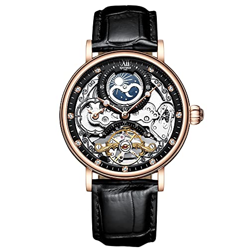 rorios Herren Uhren Mondphase Automatikuhr Mechanische mit Lederarmband Wasserdicht Skeleton Tourbillon Uhren Mode Diamant Uhren für Männer von rorios