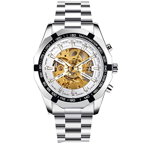 rorios Herrenuhren Automatische Mechanische Armbanduhr Leuchtende Uhr mit Edelstahlband Skelett Militär Uhr von rorios