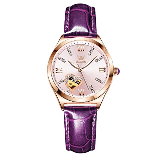 rorios Mode Damen Uhren Automatische Mechanische Uhren mit Lederband Skelett Leuchtend Damen Armbanduhren(Rosa) von rorios