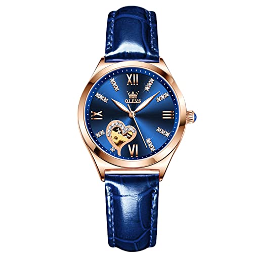 rorios Mode Damen Uhren Automatische Mechanische Uhren mit Lederband Skelett Leuchtend Damen Armbanduhren(Rosenblau) von rorios