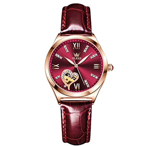 rorios Mode Damen Uhren Automatische Mechanische Uhren mit Lederband Skelett Leuchtend Damen Armbanduhren(Rosenrot) von rorios