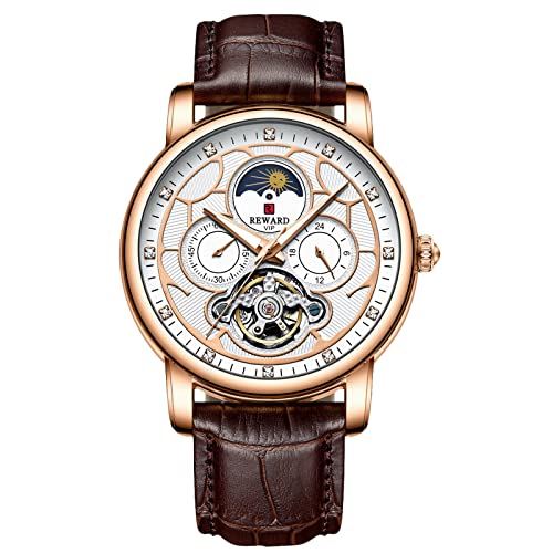 rorios Mode Herren Automatikuhren Tourbillon Mechanische Armbanduhr mit Lederband Wasserdicht Mondphase Uhren für Männer Herren von rorios