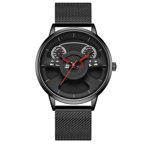 rorios Analog Quarz Armbanduhren Herren Mode Uhr Kreative Skelett Uhren Freizeit Edelstahl Uhren Minimalistisch Mesh Armband Uhr für Männer Schwarz B von rorios