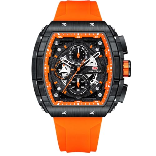 rorios Analog Quarz Armbanduhren Tonneau Herrenuhren Mode Multifunktional Uhr Punk Chronograph Uhren für Männer mit Silikon Armband für Herren Orange von rorios