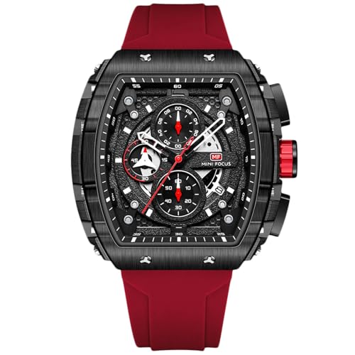 rorios Analog Quarz Armbanduhren Tonneau Herrenuhren Mode Multifunktional Uhr Punk Chronograph Uhren für Männer mit Silikon Armband für Herren Rot von rorios