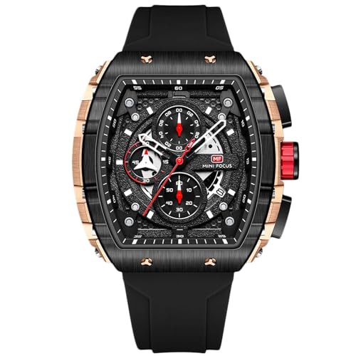 rorios Analog Quarz Armbanduhren Tonneau Herrenuhren Mode Multifunktional Uhr Punk Chronograph Uhren für Männer mit Silikon Armband für Herren Schwarz A von rorios