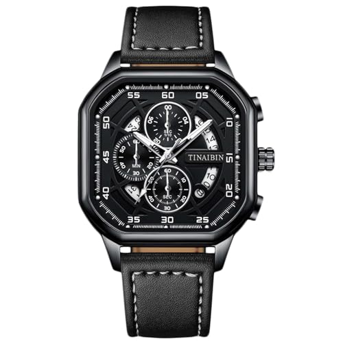 rorios Analog Quarz Herrenuhren Mode Multifunktional Armbanduhr Chronograph Leuchtend Uhr Herren Edelstahl Uhr Quadrat Freizeit Uhr mit Leder Armband Schwarz B von rorios