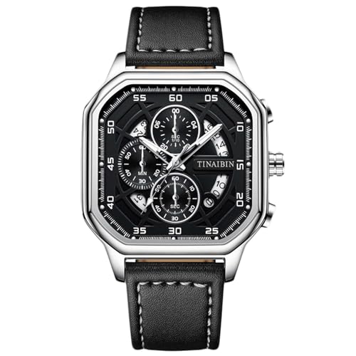 rorios Analog Quarz Herrenuhren Mode Multifunktional Armbanduhr Chronograph Leuchtend Uhr Herren Edelstahl Uhr Quadrat Freizeit Uhr mit Leder Armband Silber B von rorios
