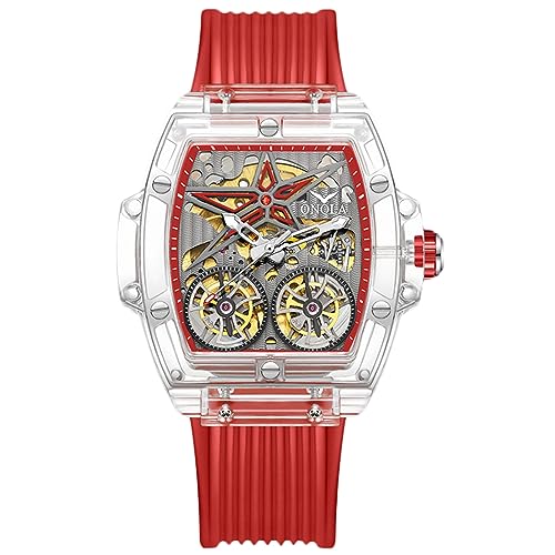 rorios Armbanduhren für Herren Durchsichtig Mechanische Uhr Sport Tonneau Uhr Skelettierte Kreativer Herrenuhren Coole Silikon Armband Uhr für Männer weiß rot B von rorios