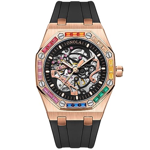 rorios Armbanduhren für Herren Mechanische Automatik Uhr Skelett wasserdichte Uhr Bunt Diamant Herrenuhren Coole Silikon Armband Uhr für Männer Rosa schwarz von rorios