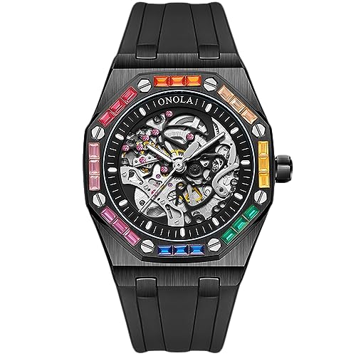 rorios Armbanduhren für Herren Mechanische Automatik Uhr Skelett wasserdichte Uhr Bunt Diamant Herrenuhren Coole Silikon Armband Uhr für Männer Schwarz von rorios