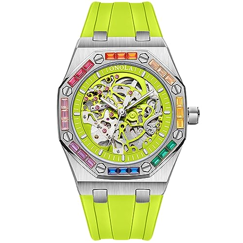 rorios Armbanduhren für Herren Mechanische Automatik Uhr Skelett wasserdichte Uhr Bunt Diamant Herrenuhren Coole Silikon Armband Uhr für Männer Silber grün von rorios