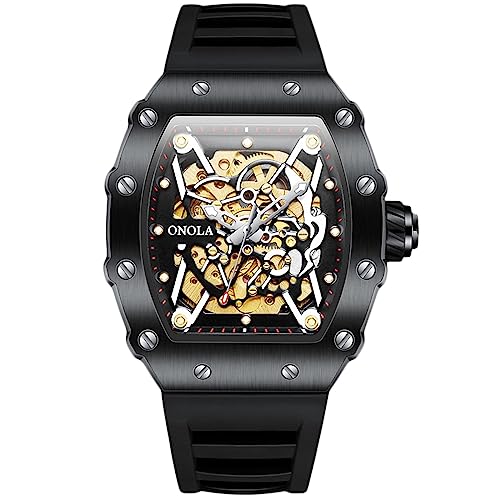 rorios Armbanduhren für Herren Mode Quadratische Uhr Männer Portliche Uhr Mechanische Skelett Uhr Wasserdicht Leuchtend Watch mit Silikon Armband von rorios