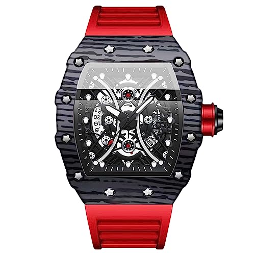 rorios Armbanduhren für Herren Mode Tonneau Uhr Männer Portliche Uhr Analog Quarz Skelett Uhr Wasserdicht Leuchtend Watch Silikon Datum Kalender Uhr Rot schwarz B von rorios