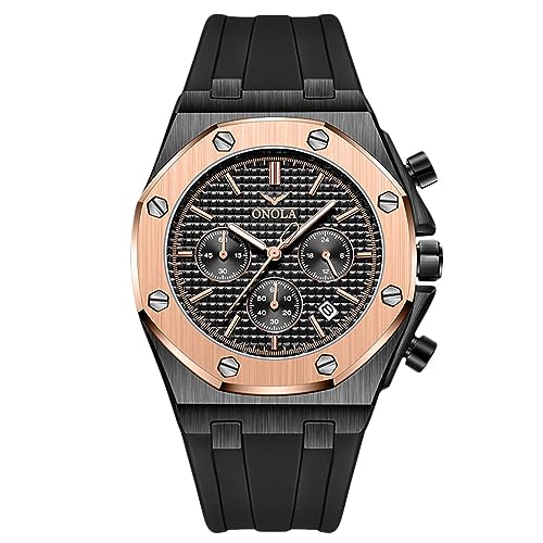 rorios Armbanduhren für Herren Portliche Analog Quarz Uhr Multifunktional Chronograph Herrenuhren Casual wasserdichte Uhr mit Silikonarmband Schwarze Rose B von rorios