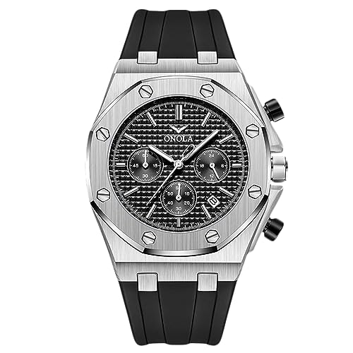 rorios Armbanduhren für Herren Portliche Analog Quarz Uhr Multifunktional Chronograph Herrenuhren Casual wasserdichte Uhr mit Silikonarmband Silber schwarz von rorios